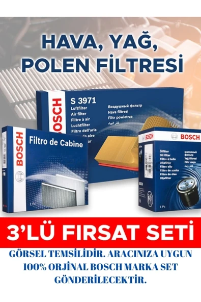 Bosch 3'LÜ FİLTRE SETİ BMW 320 d EfficientDynamics 7/2015 - 10/2018 120 (kW) F 30 ürün görseli 1