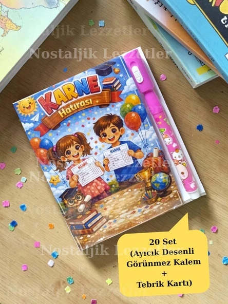 Karne Hediyesi 20 Set Ayıcık Desenli Görünmez Kalem ve Tebrik Kartı ürün görseli 1