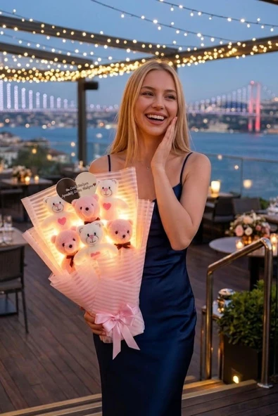 Kalp Aynalı LED Işıklı Pembe Peluş Ayıcık Buketi – Sevgiliye, Arkadaşa Özel Hediye ürün görseli 1
