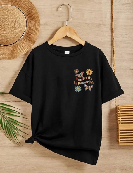 Kız Çocuk Bisiklet Yaka Baskılı T-Shirt - Siyah ürün görseli 1