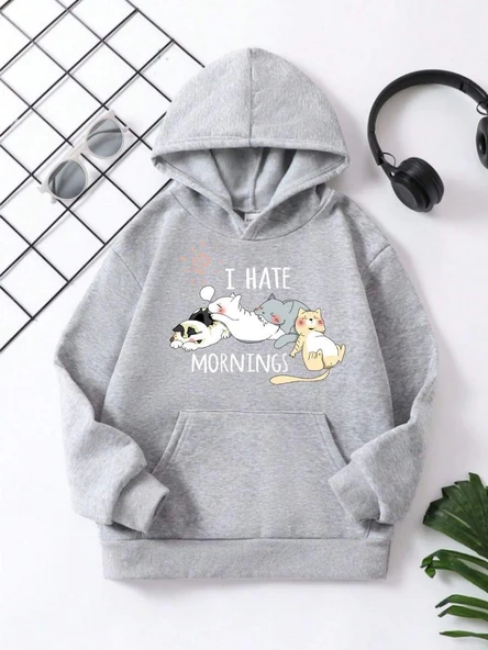 Çocuk Unisex Kapüşonlu Kedicik Baskılı Pamuklu Sweatshirt - Gri ürün görseli 1