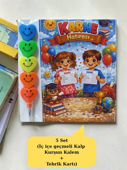 Karne Hediyesi 5 Set Kalp Kurşun Kalem ve Tebrik Kartı ürün görseli 1