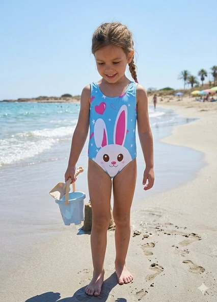 Cg Kids Tavşan Figürlü Esnek ve Hızlı Kuruyan Kız Çocuk  Plaj / Havuz Mayo su ürün görseli 1