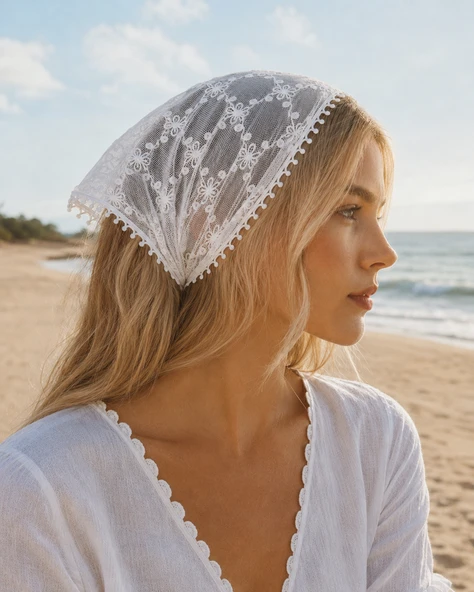 Dantel Bandana Beyaz Çiçek Desenli Transparan Bel Bandanası Saç ve Bel Aksesuarı ürün görseli 1