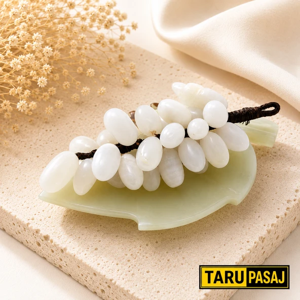 Doğal Oniks Taş Yaprak Tabak & 30 Taneli Üzüm Salkımı  Feng Shui Dekor Objesi ürün görseli 1