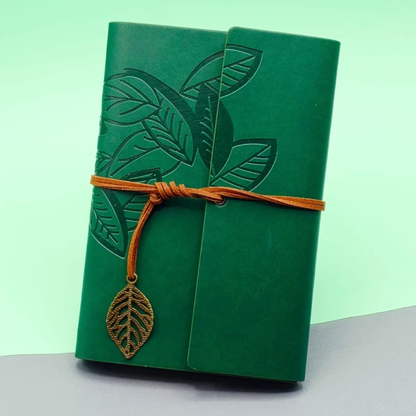 Yeşil Deri Kapaklı Yaprak Desenli Defter ürün görseli 1