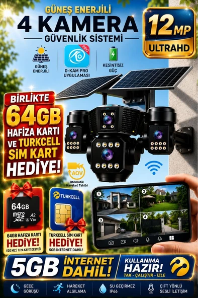 O-KAM OK333 64GB Premium Serisi 12MP 4 Kameralı 4G Çift Solar Panel Gece Görüş Turkcell ürün görseli 1