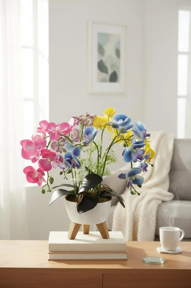 Yapay Çiçek Renkli Orkide Salon Çiçeği Zigon Saksıda Yapay Bitki 45*45cm ürün görseli 1