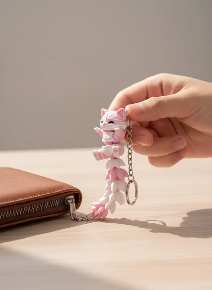 Kuyruklu Pembe Kedi Figürlü Hareketli Anahtarlık ürün görseli 1