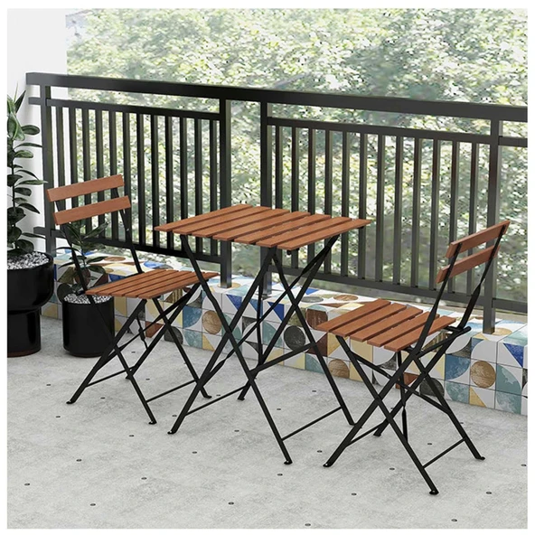 Katlanır Metal Ayaklı Ahşap Masa Sandalye Bistro Üçlü Set 60x60x75 Balkon Masası Sandalye ürün görseli 1