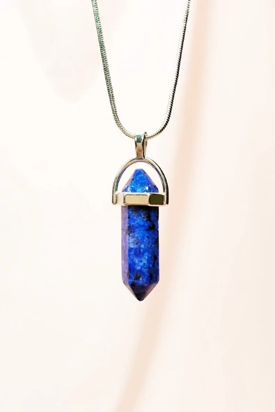 Lapis  Lazuli Doğal Taşı Zincirli El Yapımı Tasarımlı Kolye Uç: 3,5 cm Zincir: 20 cm Kutulu ürün görseli 1