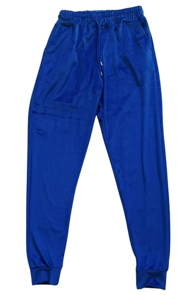 Parlak Kadife Cepli Pantolon Eşofman Pijama Altı Unisex Lastikli Paça Mavi ürün görseli 1