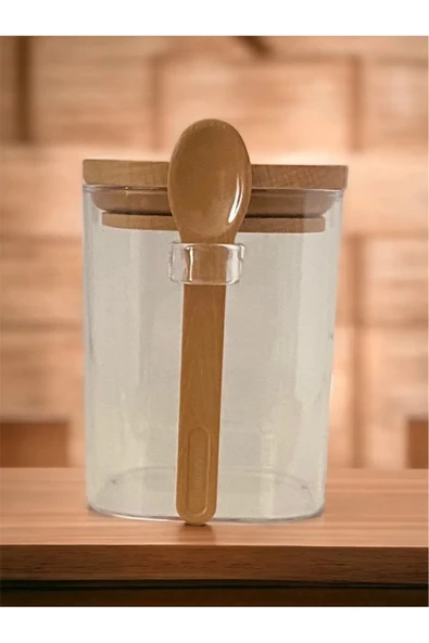 Kare Bambu Kapaklı Kaşıklı kristal plastik Baharat Saklama Kabı 500ml ( 1 adet ) Royaleks-HS501 ürün görseli 1