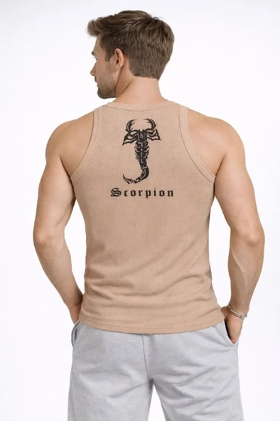 Erkek Fitilli Atlet Sıfır Yaka Slim Fit Arka Baskılı Spor Atlet - Bej ürün görseli 1
