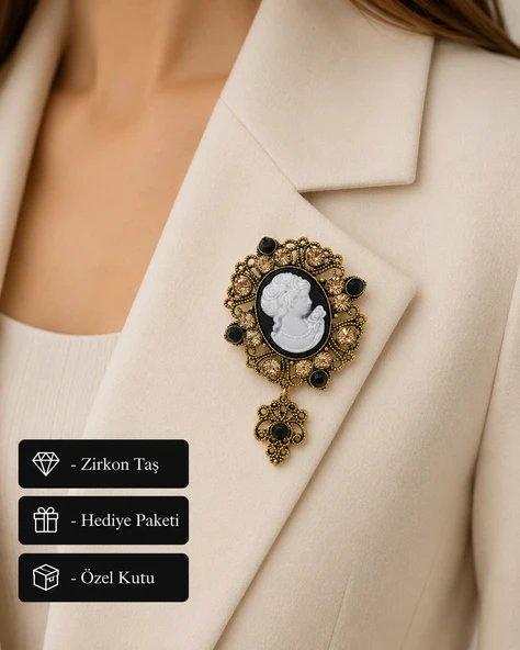 Vintage Cameo Kadın Silüet Tasarımlı Taşlı Antik Görünümlü Zarif Broş ürün görseli 1