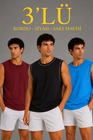 Erkek 3’lü Kolsuz Sporcu Atlet Seti Yazlık Bisiklet Yaka - Siyah, Bordo, Turkuaz ürün görseli 1