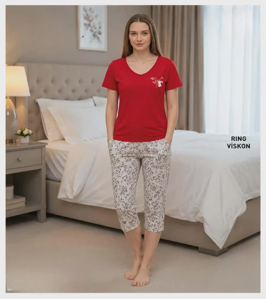 Mihra Kadın Viskon V Yaka Kısa Kol KAPRİ Likralı Pijama Takımı 40111K - 1 Adet  XL Kırmızı ürün görseli 1
