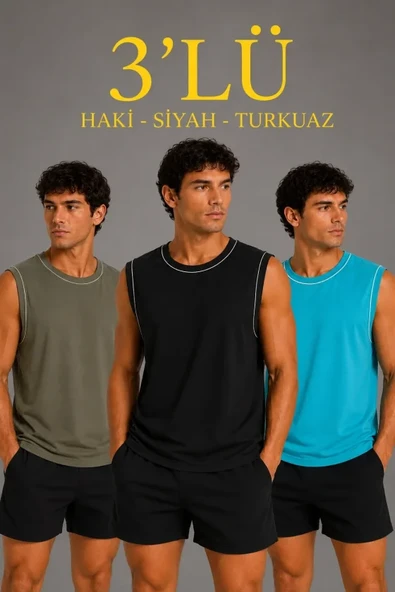 Erkek 3’lü Kolsuz Sporcu Atlet Seti Yazlık Bisiklet Yaka - Siyah, Haki, Açık Mavi ürün görseli 1