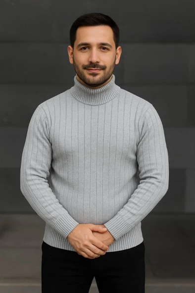 Erkek Balıkcı Yaka Bağazlı Triko Kazak Pamuklu Kalın Fitilli Dokuma, Regular Fit Uzun Kollu Kışlık Model - Gri ürün görseli 1