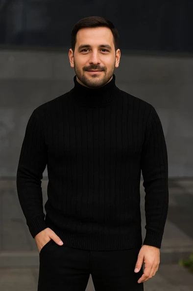 Erkek Balıkcı Yaka Bağazlı Triko Kazak Pamuklu Kalın Fitilli Dokuma, Regular Fit Uzun Kollu Kışlık Model - Siyah ürün görseli 1