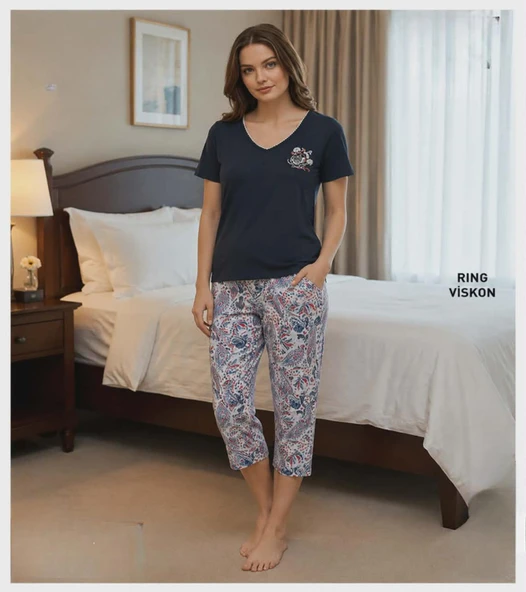 Mihra Kadın Viskon V Yaka Kısa Kol KAPRİ Likralı Pijama Takımı 40111L - 1 Adet  Lacivert 2XL ürün görseli 1