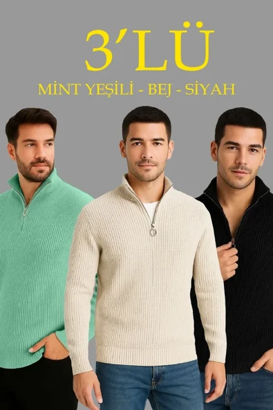 Erkek Fitilli Triko Kazak 3’lü Set – Mint Yeşili, Siyah, Bej Kalın Dokuma Pamuklu Regular Fit V Yaka Fermuarlı Uzun Kollu Rahat Kışlık Kazak Kombini ürün görseli 1