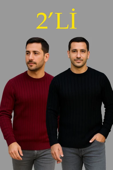 Erkek Fitilli Triko Kazak 2’li Set – Siyah - Bordo, Kalın Dokuma Pamuklu Regular Fit Bisiklet Yaka Uzun Kollu Rahat Kışlık Kazak Kombini ürün görseli 1