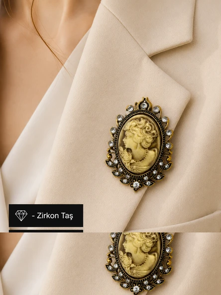 Vintage Zarafet Kadın Silüetli Taş İşlemeli Antik Gold Broş Hediye ürün görseli 1