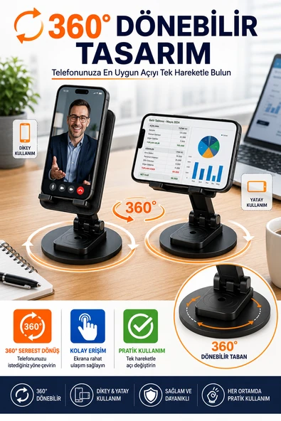 360° Dönebilir Katlanabilir Telefon ve Tablet Standı Masaüstü Tutucu Ofis Ders Toplantı Aparatı ürün görseli 1