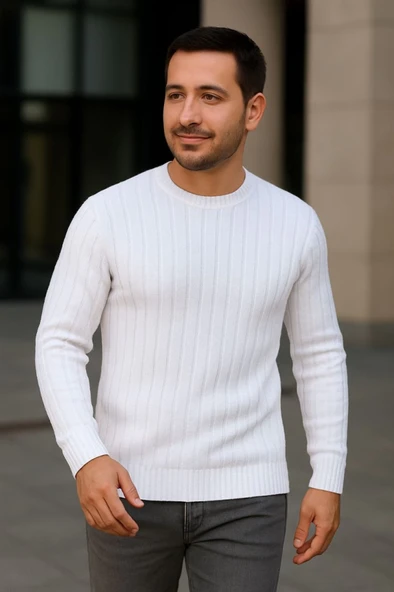 Erkek Bisiklet Yuvarlak Yaka Triko Kazak Pamuklu Kalın Fitilli Dokuma, Regular Fit Uzun Kollu Kışlık Model - Beyaz ürün görseli 1