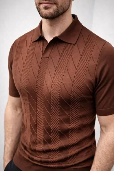 Erkek Yazlık Triko Dokuma Tişört Kısa Kol Polo Yaka T-Shirt - Kahverengi ürün görseli 1