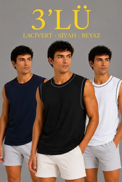 Erkek 3’lü Kolsuz Sporcu Atlet Seti Yazlık Bisiklet Yaka - Siyah, Lacivert, Beyaz ürün görseli 1