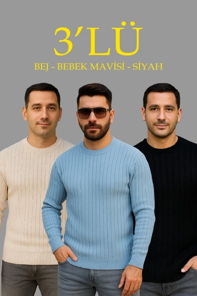 Erkek Fitilli Triko Kazak 3’lü Set – Bej, Bebek Mavisi, SiyahKalın Dokuma Pamuklu Regular Fit Bisiklet Yaka Uzun Kollu Kışlık Ve Baharlık Rahat Triko Kombini ürün görseli 1