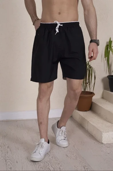 Erkek Deniz Şortu Fermuarlı Cepli File Astarlı - Siyah ürün görseli 1