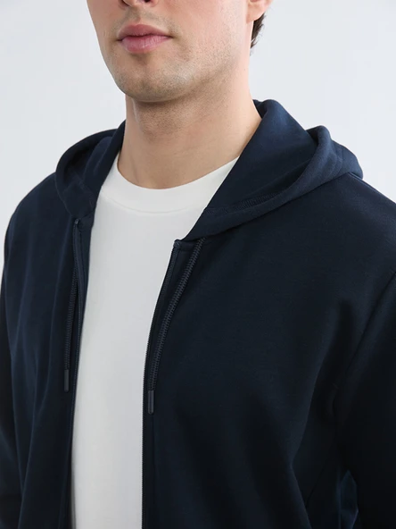 LCWAIKIKI Basic Lacivert Kapüşonlu Erkek Fermuarlı Sweatshirt - Resim 4