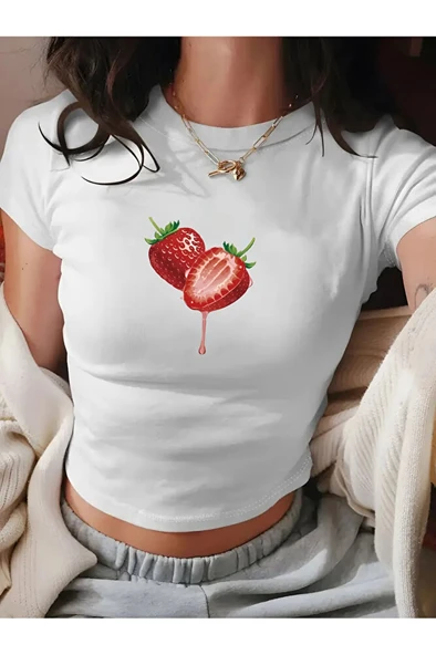 Kadın Crop Baby Tee Çilek Baskılı Dar Kesim %100 Pamuk Y2K Estetik Tişört ürün görseli 1
