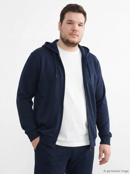 LCWAIKIKI Basic Lacivert Kapüşonlu Erkek Fermuarlı Sweatshirt - Resim 2