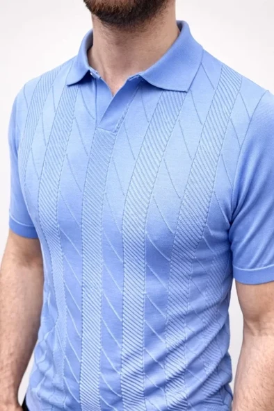 Erkek Yazlık Triko Dokuma Tişört Kısa Kol Polo Yaka T-Shirt - Bebek Mavisi ürün görseli 1