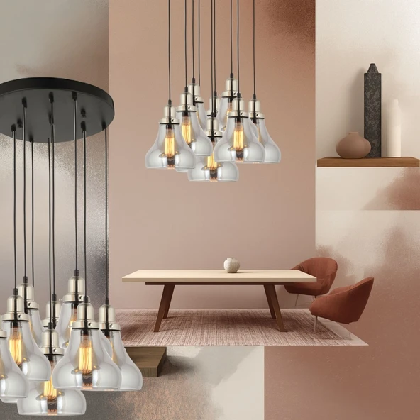 LampaLuce Cono Modern Sarkıt Salon Avizesi 9'lu Eskitme Siyah 45x70cm ürün görseli 1