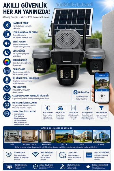 O-KAM Solar Enerjili Wifi Bağlantılı 3 Kameralı (2 Sabit 1 Hareketli) Güvenlik Kamerası Gece Görüşlü 360? HD 4MP Sirenli ürün görseli 1