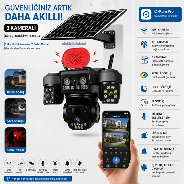 O-KAM Solar Enerjili Wifi Bağlantılı 4 Kameralı (3 Sabit 1 Hareketli) Güvenlik Kamerası Gece Görüşlü 360? HD 4MP Sirenli ürün görseli 1