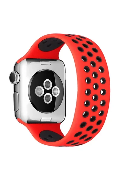 Newface Apple Watch 38mm Ayarlı Delikli Silikon Kordon - Kırmızı-Siyah ürün görseli 1