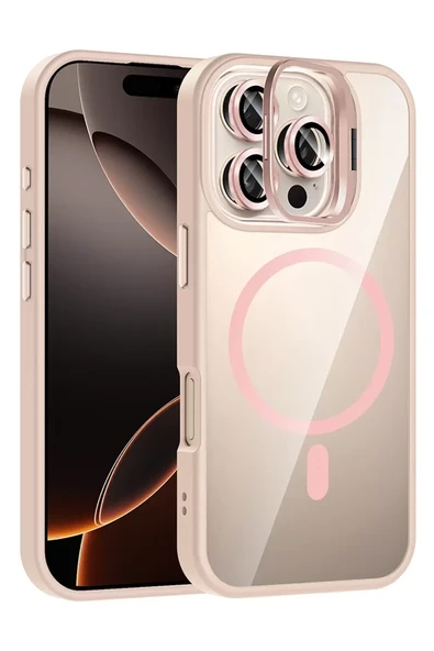 Apple iPhone 16 Pro Max Remim Lensli Magsafe Standlı Kapak - Pembe