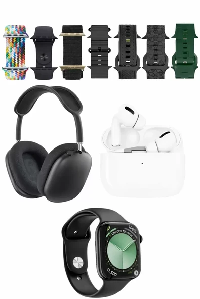 Karler Bass K32 Kombo 7 Adet Kordon Akıllı Saat Airpods Kulaklık Kafa Üstü Kablosuz Kulaklık Set - Siyah ürün görseli 1