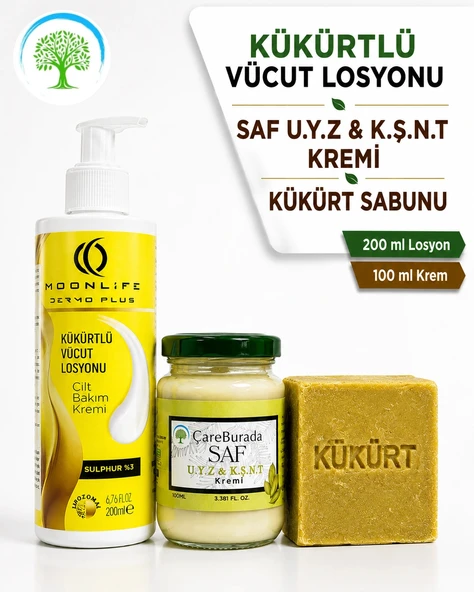 Moonlife Kükürtlü Vücut Losyonu 200 ml & ÇareBurada U.Y.Z & K.Ş.N.T Kremi 100 ml & Kükürt Sabunu 3'lü Kükürt Seti ürün görseli 1