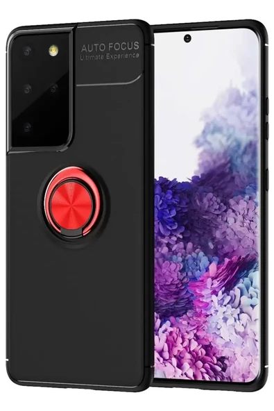 Newface Samsung Galaxy S21 Ultra Kılıf Range Yüzüklü Silikon - Siyah-Kırmızı ürün görseli 1