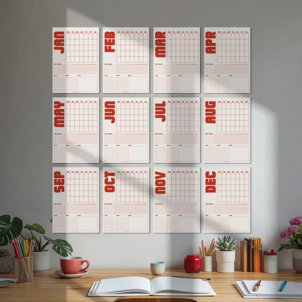 Tarihsiz Aylık Planlayıcı Takvim, Kırmızı Retro Organizer Planlayıcı ürün görseli 1