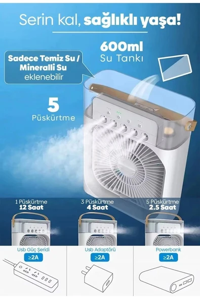 Taşınabilir Işıklı 5 Spreyli Vantilatör Buzlu Buharlı Vantilatör Mini Fan Nemlendirici ürün görseli 1