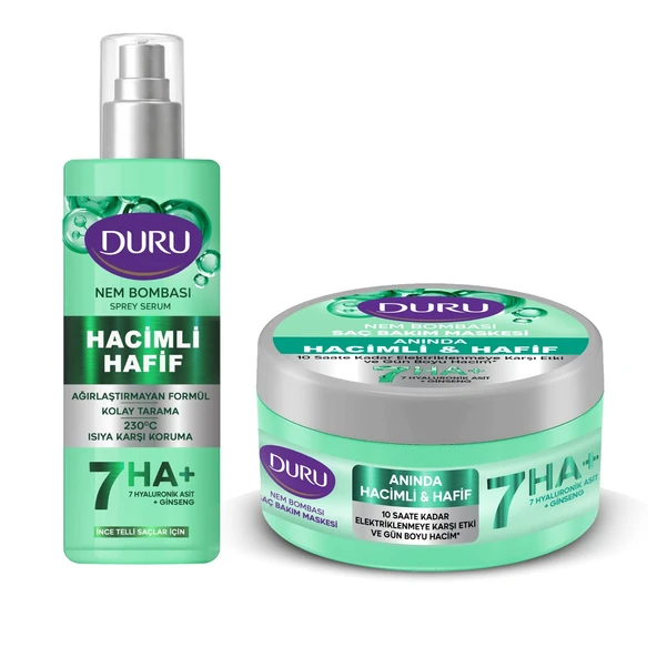 Duru Nem Bombası Saç Bakım Maskesi ve Sprey Serum 200 ml Hacimli Hafif 2 li Set ürün görseli 1