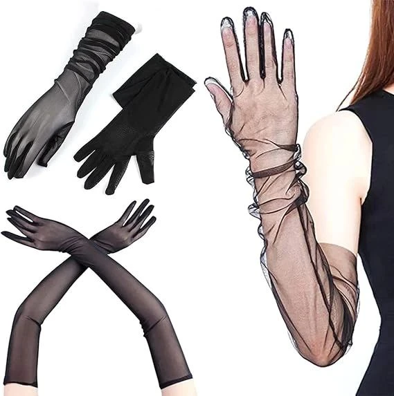 Uzun Boy Likralı Siyah Renk Yetişkin Mega Tül Eldiven 53 Cm ürün görseli 1